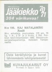 1970-71 Kuvajulkaisut Jaakiekko (Finnish) #196 Kaj Matalamaki Back