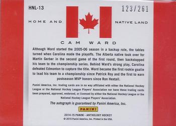 2015-16 Panini Anthology - Home and Native Land Signatures #HNL-13 Cam Ward Back