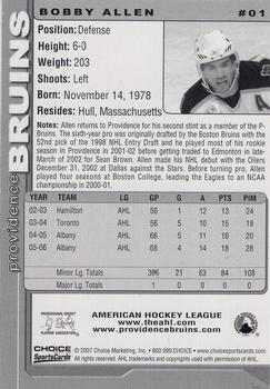 2006-07 Choice Providence Bruins (AHL) #1 Bobby Allen Back