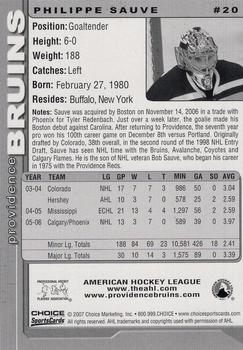 2006-07 Choice Providence Bruins (AHL) #20 Philippe Sauve Back