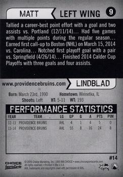 2014-15 Choice Providence Bruins (AHL) #14 Matt Lindblad Back