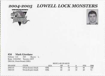 2004-05 JDCU/Photo Album Lowell Lock Monsters (AHL) #9 Mark Giordano Back