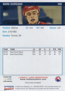 2004-05 Choice Lowell Lock Monsters (AHL) #9 Mark Giordano Back