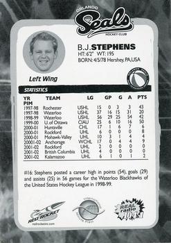 2002-03 Red Rocket Orlando Seals ACHL #NNO B.J. Stephens Back