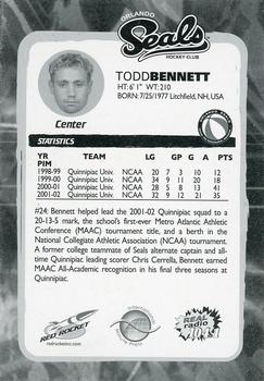 2002-03 Red Rocket Orlando Seals ACHL #NNO Todd Bennett Back