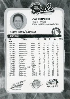 2002-03 Red Rocket Orlando Seals ACHL #NNO Zac Boyer Back