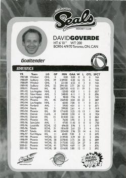 2002-03 Red Rocket Orlando Seals ACHL #NNO David Goverde Back