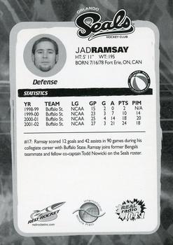 2002-03 Red Rocket Orlando Seals ACHL #NNO Jad Ramsay Back