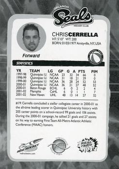 2002-03 Red Rocket Orlando Seals ACHL #NNO Chris Cerrella Back