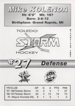 1997-98 Grandstand Toledo Storm (ECHL) #NNO Mike Kolenda Back