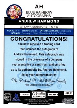 2015-16 O-Pee-Chee Platinum - Blue Rainbow Autographs #AH Andrew Hammond Back