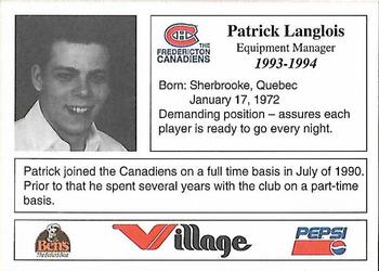 1993-94 Fredericton Canadiens (AHL) #NNO Patrick Langlois Back