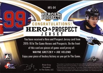 2015-16 Leaf In The Game Heroes & Prospects - Hero and Prospect Dual Jersey Purple #HPJ-04 Wayne Gretzky / Joe Veleno Back