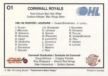 1991-92 7th Inning Sketch OHL - The Teams #O1 Cornwall Royals Back