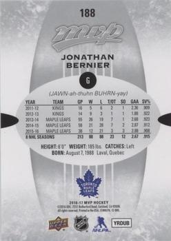 2016-17 Upper Deck MVP - Silver Script #188 Jonathan Bernier Back