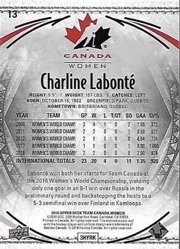 2016 Upper Deck Team Canada Juniors #13 Charline Labonte Back
