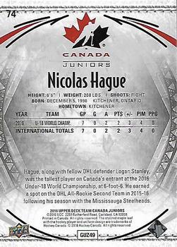 2016 Upper Deck Team Canada Juniors - Gold #74 Nicolas Hague Back