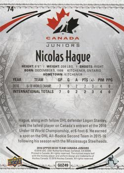 2016 Upper Deck Team Canada Juniors - Exclusives #74 Nicolas Hague Back