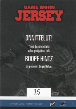 2016-17 Cardset Finland - Game Worn Jersey Series 1 Exchange #GWJ1 Roope Hintz Back