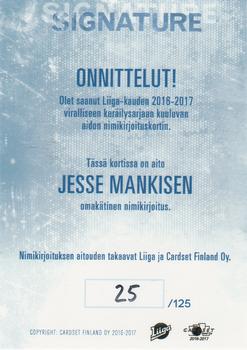 2016-17 Cardset Finland - Signature #NNO Jesse Mankinen Back