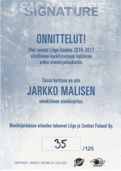 2016-17 Cardset Finland - Signature #NNO Jarkko Malinen Back