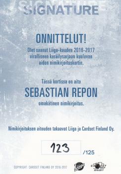 2016-17 Cardset Finland - Signature #NNO Sebastian Repo Back