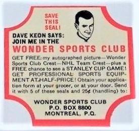 1960-61 Wonder Bread Wonder Sports Club Offers #3 Dave Keon Front