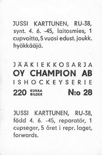 1966 Champion Jaakiekkosarja (Finnish) #28 Johannes Karttunen Back