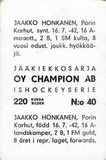 1966 Champion Jaakiekkosarja (Finnish) #40 Jaakko Honkanen Back