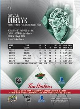 2016-17 Upper Deck Tim Hortons #42 Devan Dubnyk Back