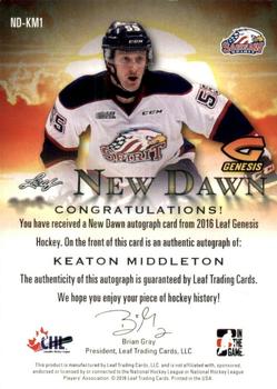 2016 Leaf Genesis - New Dawn Autographs Gold #ND-KM1 Keaton Middleton Back