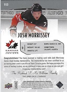 2015 Upper Deck Team Canada Juniors - Base Jerseys #113 Josh Morrissey Back