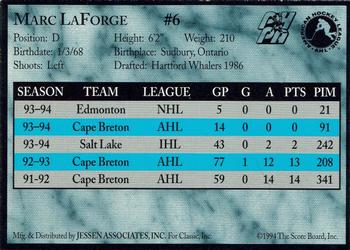 1994-95 Classic Cape Breton Oilers (AHL) #NNO Marc Laforge Back