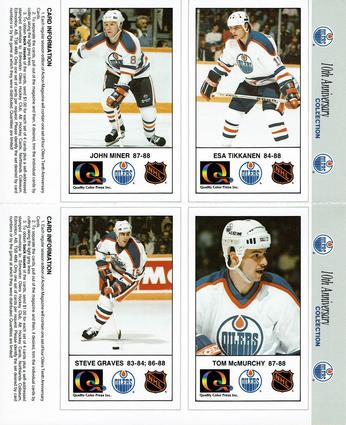 1988-89 Edmonton Oilers Action Magazine Tenth Anniversary Commemerative - Four-Card Panels #29-32 Esa Tikkanen / John Miner / Tom McMurchy / Steve Graves Front