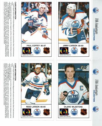 1988-89 Edmonton Oilers Action Magazine Tenth Anniversary Commemerative - Four-Card Panels #53-56 Jimmy Carson / Paul Coffey / Wayne Gretzky / Reed Larson Front