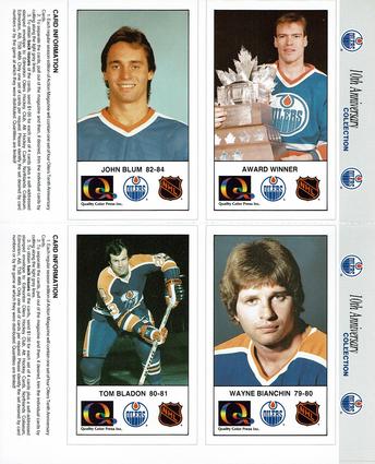 1988-89 Edmonton Oilers Action Magazine Tenth Anniversary Commemerative - Four-Card Panels #105-108 Mark Messier / John Blum / Wayne Bianchin / Tom Bladon Front