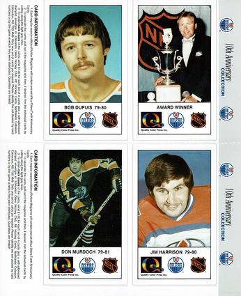1988-89 Edmonton Oilers Action Magazine Tenth Anniversary Commemerative - Four-Card Panels #117-120 Glen Sather / Bob Dupuis / Jim Harrison / Don Murdoch Front