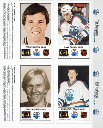 1988-89 Edmonton Oilers Action Magazine Tenth Anniversary Commemerative - Four-Card Panels #145-148 Dave Brown / Terry Martin / Francois Leroux / Kari Jalonen Front