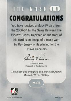 2015-16 In The Game Final Vault - 2006-07 In The Game Between The Pipes The Mask IV  (Silver Vault Stamp) #M-05 Ray Emery Back