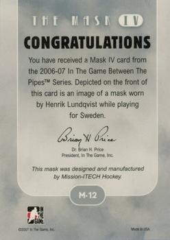 2015-16 In The Game Final Vault - 2006-07 In The Game Between The Pipes The Mask IV  (Silver Vault Stamp) #M-12 Henrik Lundqvist Back