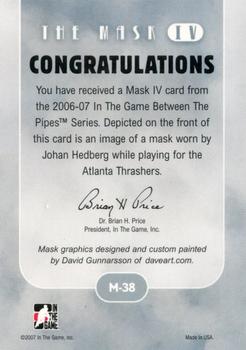2015-16 In The Game Final Vault - 2006-07 In The Game Between The Pipes The Mask IV  (Silver Vault Stamp) #M-38 Johan Hedberg Back