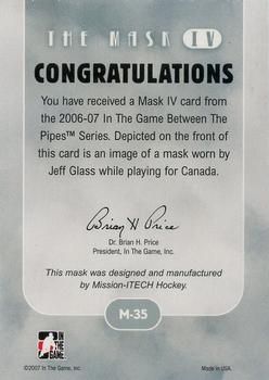 2015-16 In The Game Final Vault - 2006-07 In The Game Between The Pipes The Mask IV Gold  (Gold Vault Stamp) #M-35 Jeff Glass Back
