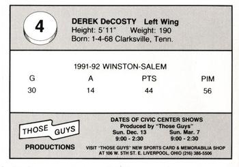 1992-93 Those Guys Productions Wheeling Thunderbirds (ECHL) #4 Derek DeCosty Back