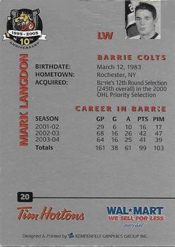 2004-05 Barrie Examiner Barrie Colts (OHL) 10th Anniversary #NNO Mark Langdon Back