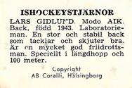 1964 Coralli Hockeystjarnor (Swedish) #154 Lars Gidlund Back