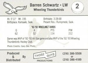 1993-94 Those Guys Productions Wheeling Thunderbirds (ECHL) #2 Darren Schwartz Back