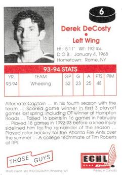1994-95 Those Guys Productions Wheeling Thunderbirds (ECHL) #6 Derek DeCosty Back