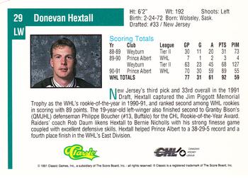 1991 Classic Draft Picks #29 Donevan Hextall Back