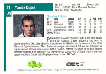 1991 Classic Draft Picks #41 Yanick Dupre Back
