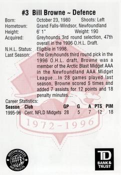 1996-97 TD Bank Sault Ste. Marie Greyhounds (OHL) #NNO Bill Browne Back